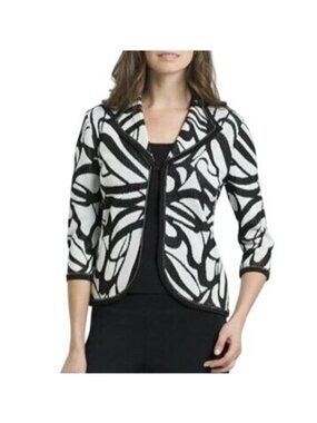 Ming Wang Cardigan Sweater Size Large Open Front 3/4 Sleeve Abstract Black White